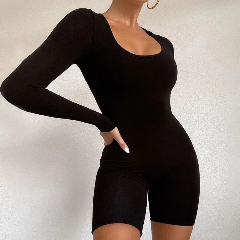 

Autumn Black Playsuits For Women New Fashion Bodycon Long Sleeves O-Neck Rompers Casual Streetwear Sexy Sports Fitness Overall