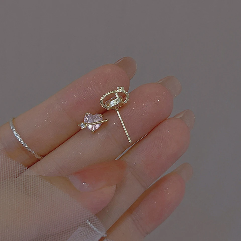 Yupsk Mini Delicate Pink Zircon Heart Planet Stud Earrings Korean Trendy Design Zircon Inlaid CZ Valentine\'s Day Gift For Women