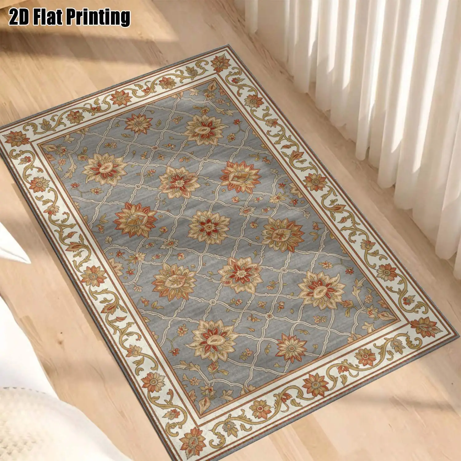 1Pc 2D Printed Carpet: Blue-Grey Floral, European Vintage, Bohemian, Geometric Floral & Simple Floor Mat Multi-Size, Machine Washable, Ideal for Entryway, Dining Room, Foyer, Bedroom, Living Room Home Decor.