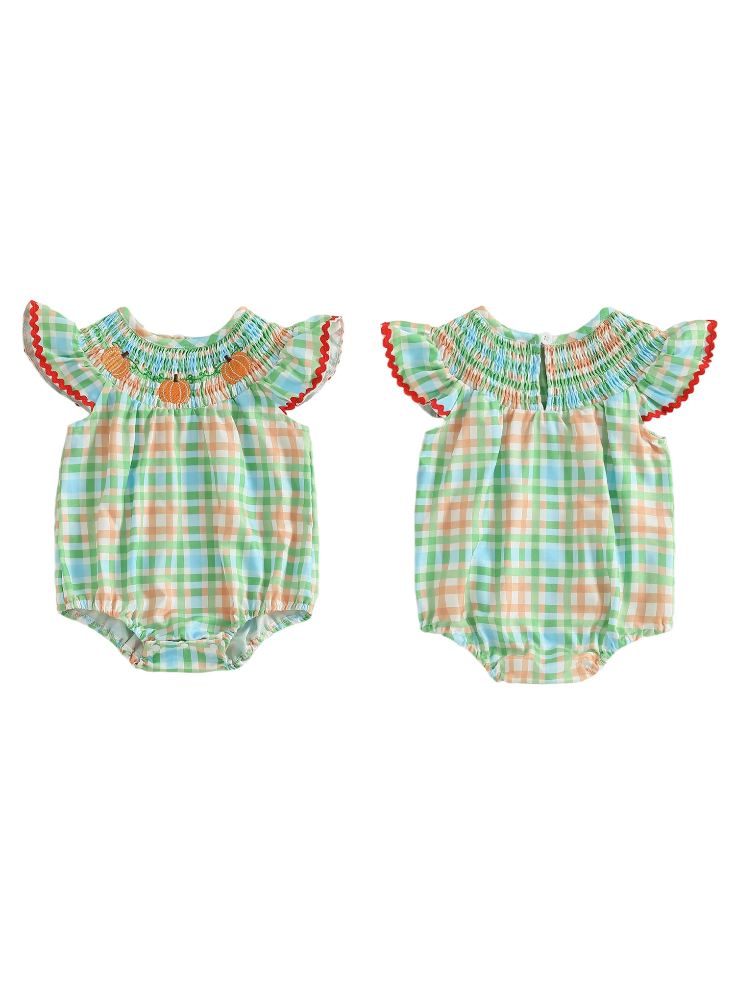 

Toddler Halloween Costume with Witch Hat and Bat Wings Embroidered Plaid Smocked Neck Long Sleeve Romper Jumpsuit