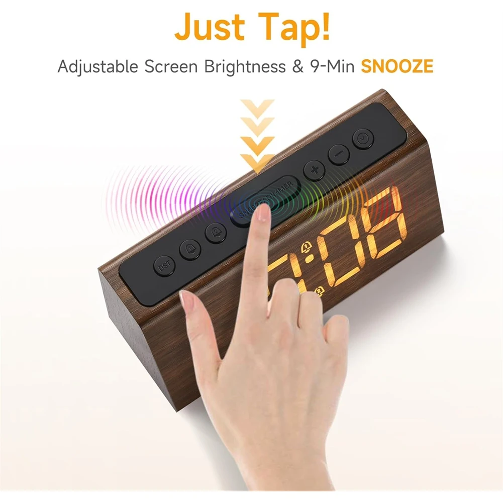 USB Port Electric Desk Clock, Wooden Digital Alarm Clock For Bedroom Loud Alarm For Heavy Sleepers, Supports Snooze DST