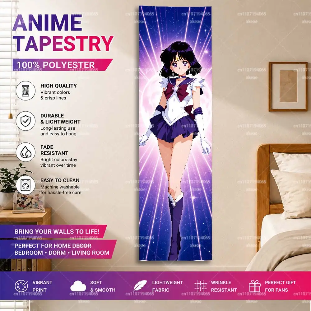 Tapiz vertical de Sailor Saturn Hotaru Tomoe, tapiz largo para colgar en la pared con fondo de cielo estrellado morado y luna de Sailor Moon