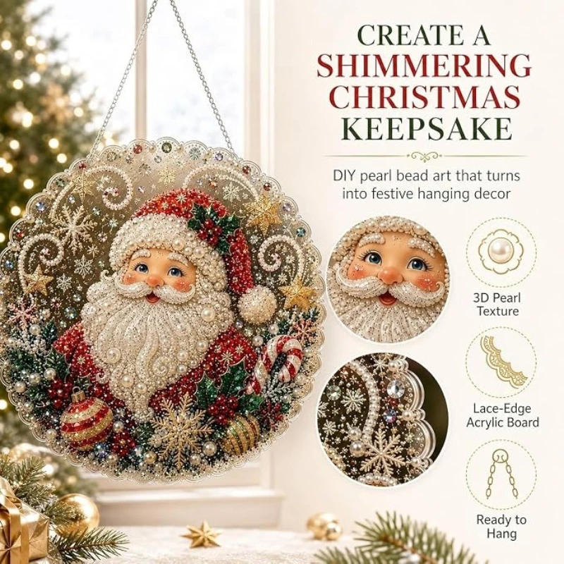 Weihnachts-Perlen-Diamant-Malerei Sonnenfänger-Set DIY Spitzenrand Acryl-Ornament Metallkette Gemischte Perlen Weihnachts-Wanddekoration – Detail 1