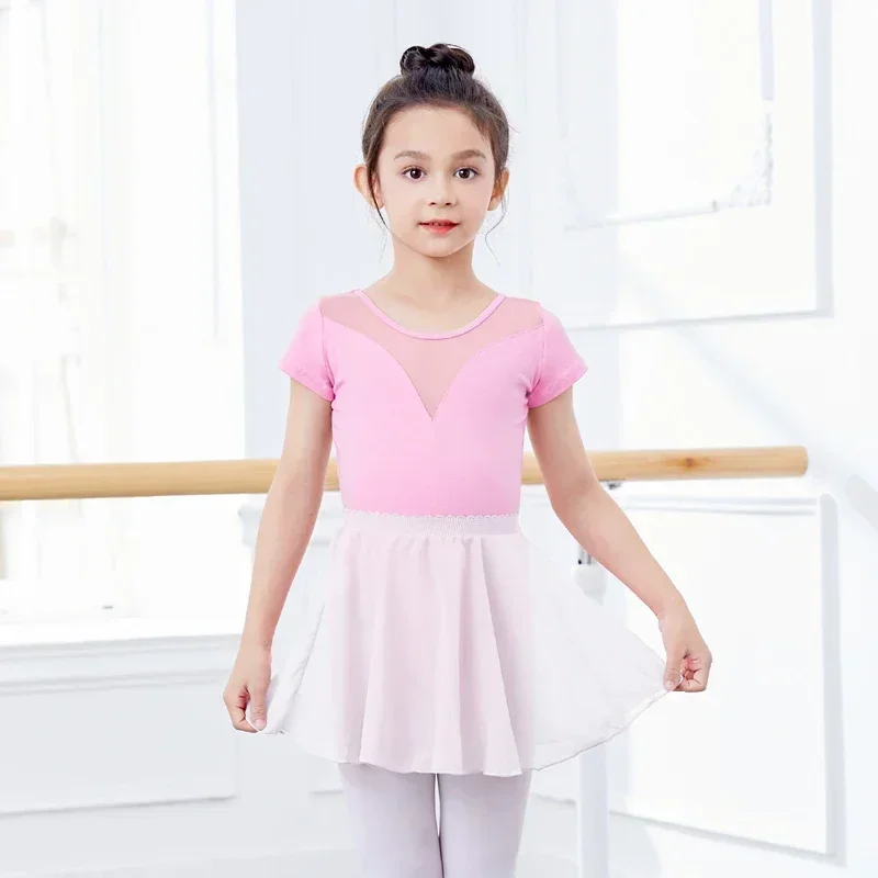Meninas ballet collant ginástica bodysuit malha splice trajes crianças manga curta chiffon tutu vestido crianças ballet dança wear