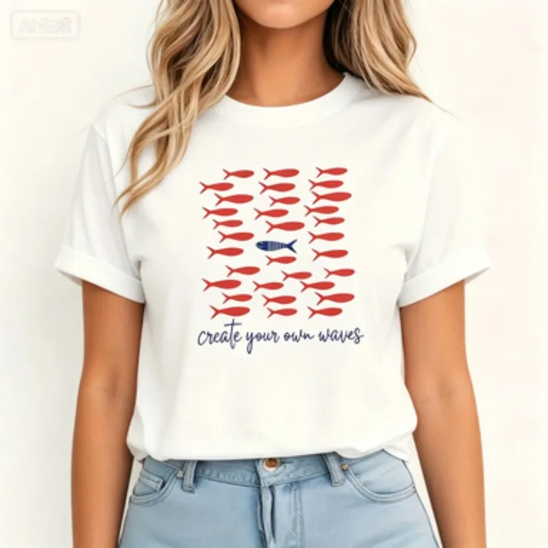 Women Cotton O-Neck T-Shirt Inspirational Create Your Own Waves Letter Print Contrast Casual Short Sleeve Ladies Daily Basic Top