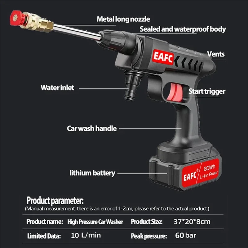 60BAR 21V 50min Washing 300W Handheld High-Pressure Cleaner-Multi-Use Portable Washer for Cars Fences & Floors-Includes amagi