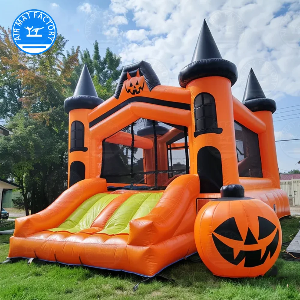 

PVC Halloween Inflatable Castle Pumpkin Head Bounce House with Slide, Kids' Party Interactive Playground