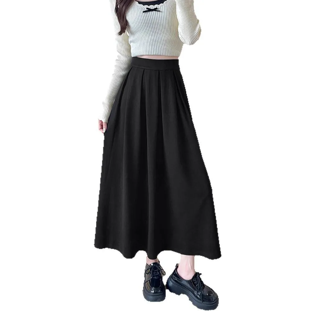 Woolen pleated midi skirt 2025 autumn and winter new item plus size high waist slimming A-line midi skirt
