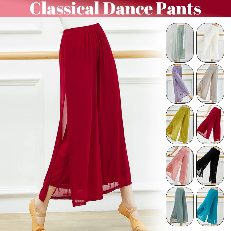 S-2XL donne danza pantskirt 2 strati Chiffon raso elegante corpo rima pantaloni gamba larga pantaloni Folk Yangko yoga Dancewear