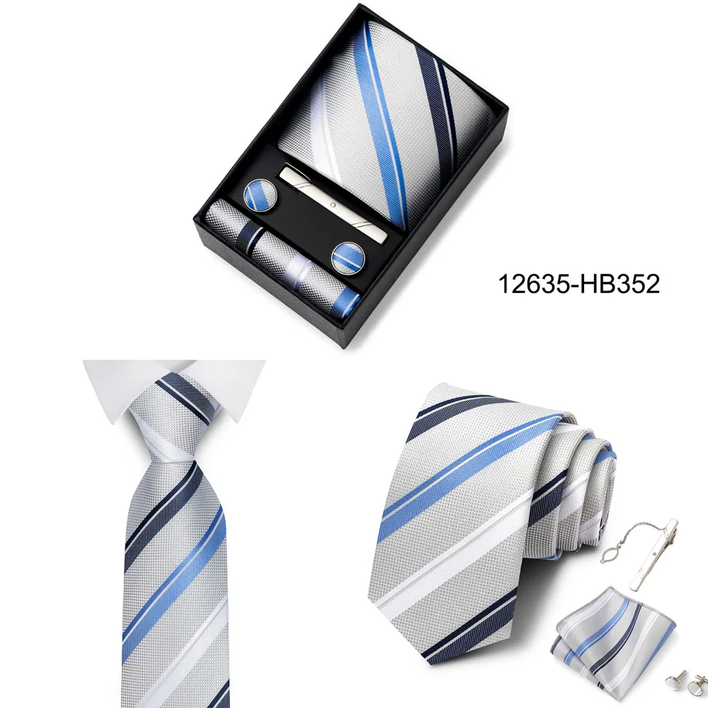 Heißer Verkauf Urlaub Geschenk Box Für Männer 8 cm Krawatte Taschentuch Manschettenknopf Clip Set Blau Druck Hochzeit Geschenk Fit Business – Detail 16