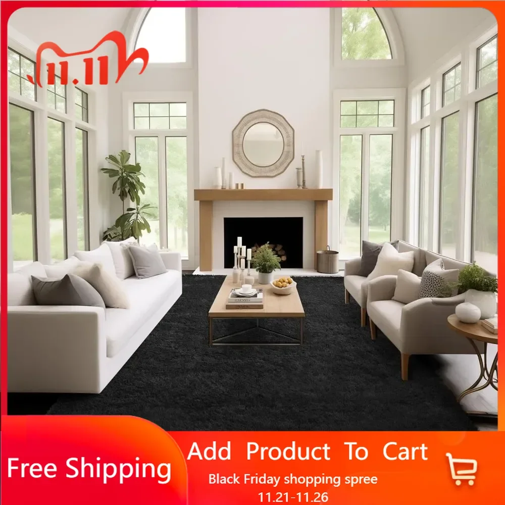 9x12 Living Room, Large Black Bedroom Carpet, Big Shag Indoor Thick Soft Nursery Rug, Fluffy Carpets for Boy and Girls Room