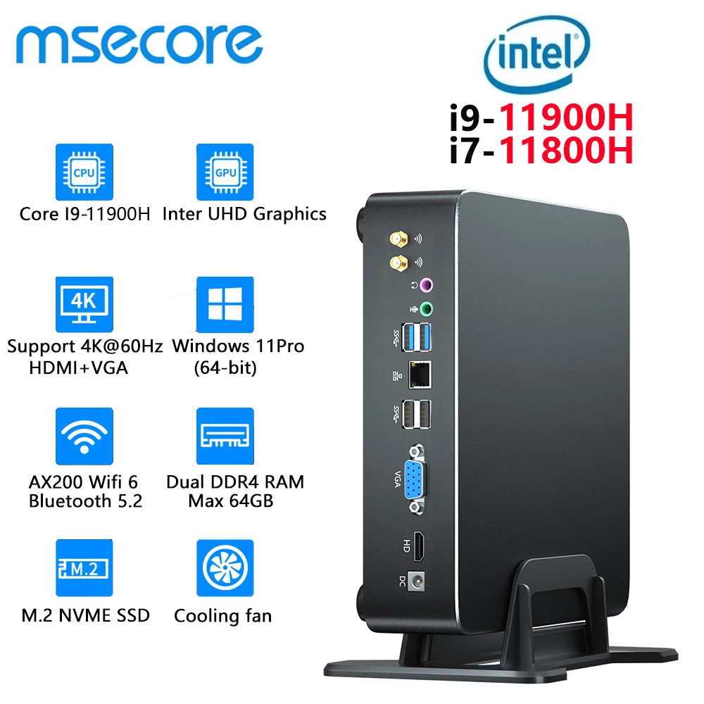 MSECORE Intel I9-11900H Mini-PC Windows 11 Gaming-Desktop-Computer Tragbarer PC Büro-HTPC Barebone-System NVME 4K WIFI6E BT5.3