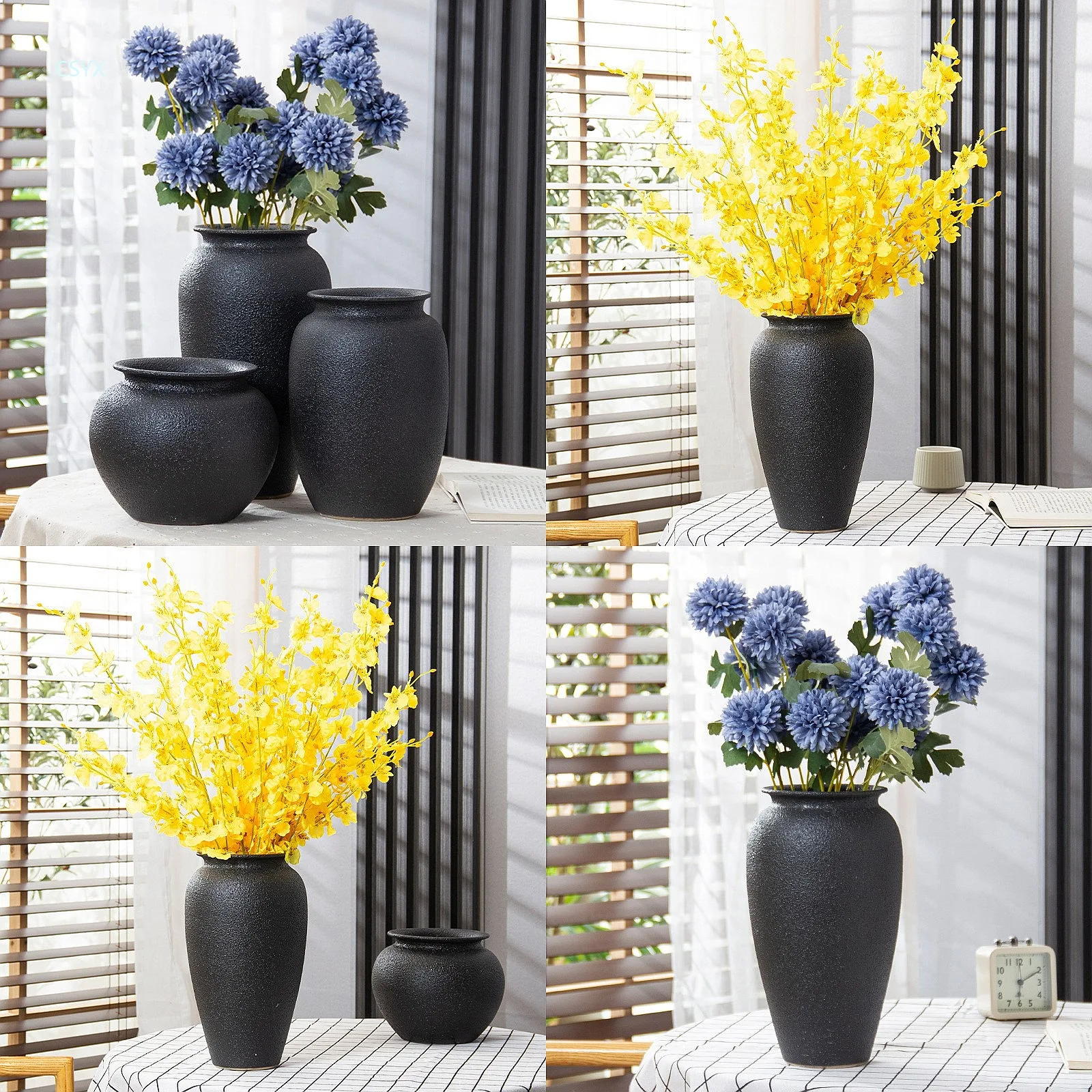 Black Matte Ceramic Vase for Dried Flowers Modern Simple Retro New Chinese Style Tabletop Living Room Large Pottery Vase