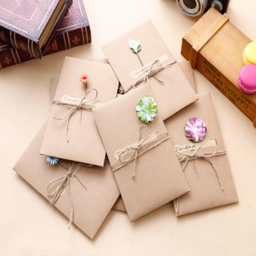 

2pack/Lot Retro Kraft Paper Dried Flower Greeting Card With Envelope Gifts Message Invitation Stationery