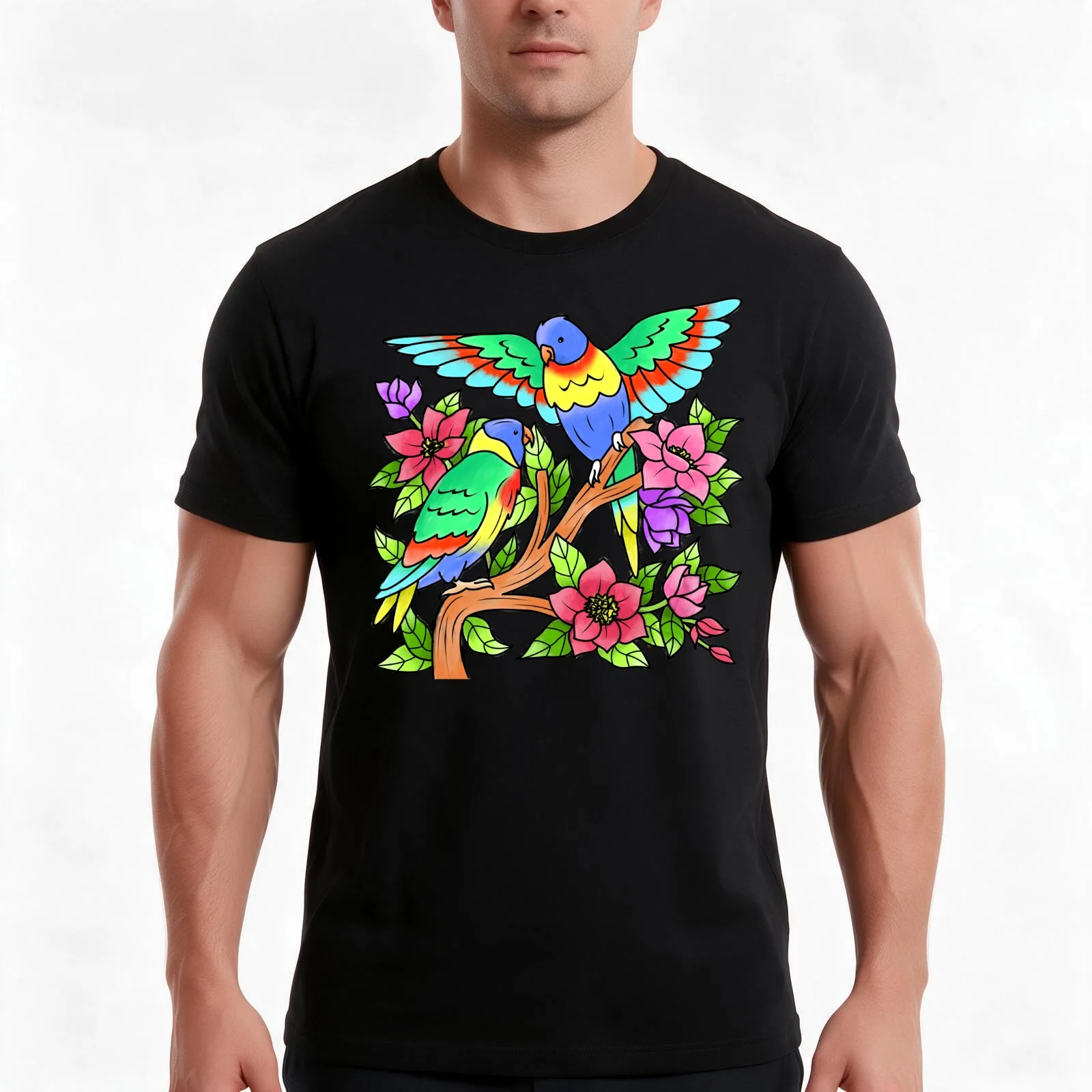 Parrot Couple Exotic Flower Summer Design Rainbow Lorikeets T-Shirt, Summer Casual Cotton Tee, Oversized Streetwear Tops
