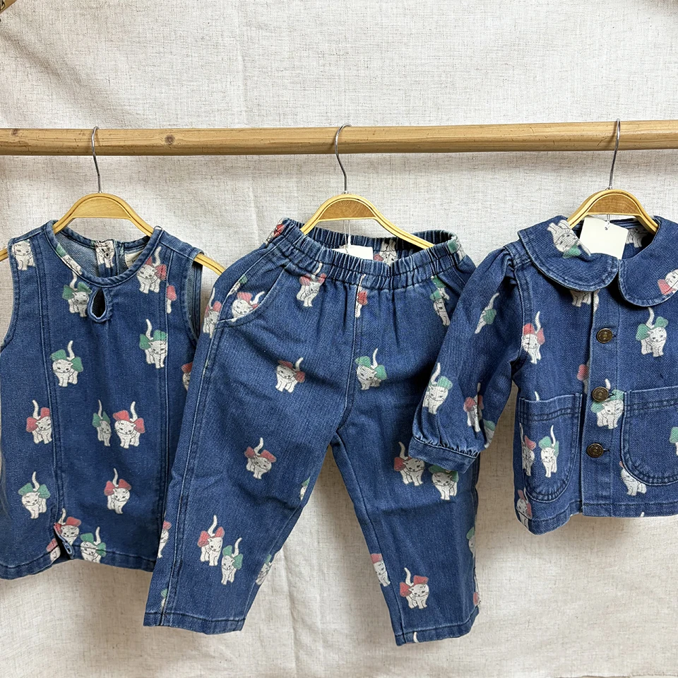 2026 KS Autumn Summer Kids Denim Clothes Set Jackets Jeans Dresses Skirt Suits Lemon Peaches Bow Print Toddler Girls Boys Causal
