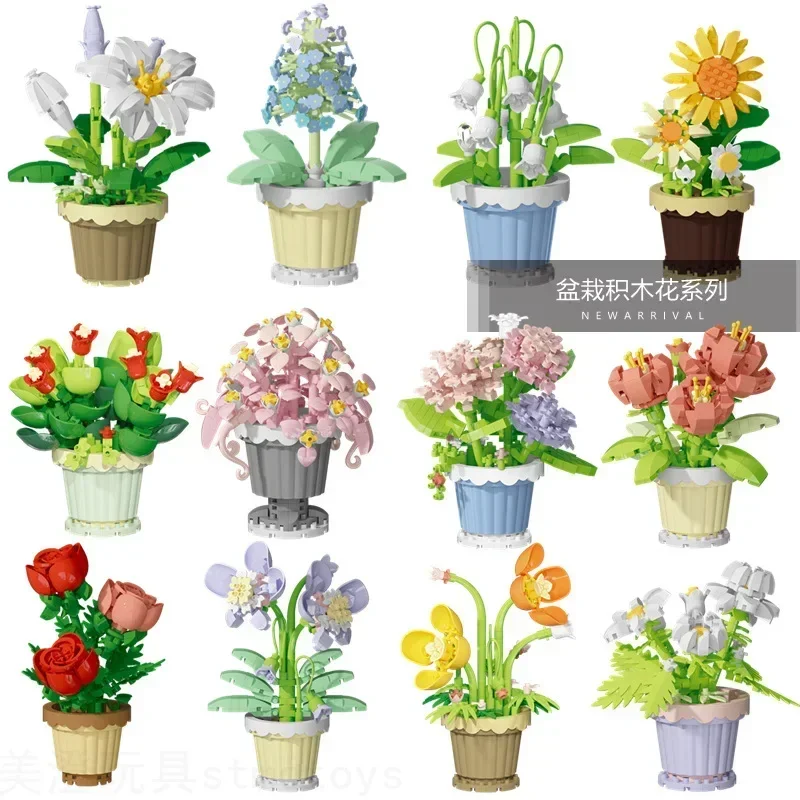 

Flower Potted Plant Bouquet Bonsai Micro Building Blocks Artificial Plastic Plant Dust Cover Model Home Decoration Toy For Gifts