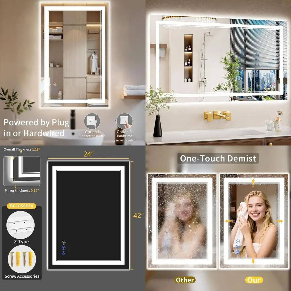 

24x42 LED-Illuminated Bathroom Mirror, Anti-Fog, Backlit & Front Lit, Dimmable, Tempered Glass Vanity Mirror, 3 Color Options