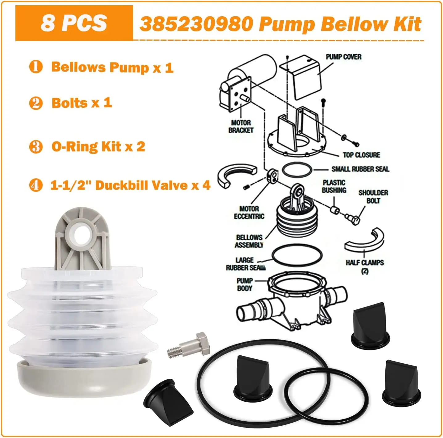 385230980 Pump Bellow & 4 Pack 385310076 Duckbill Valve 1-1/2'' & 385310151 O-Ring Kit Fit for Dometic S, T, J, VHT & VG Series