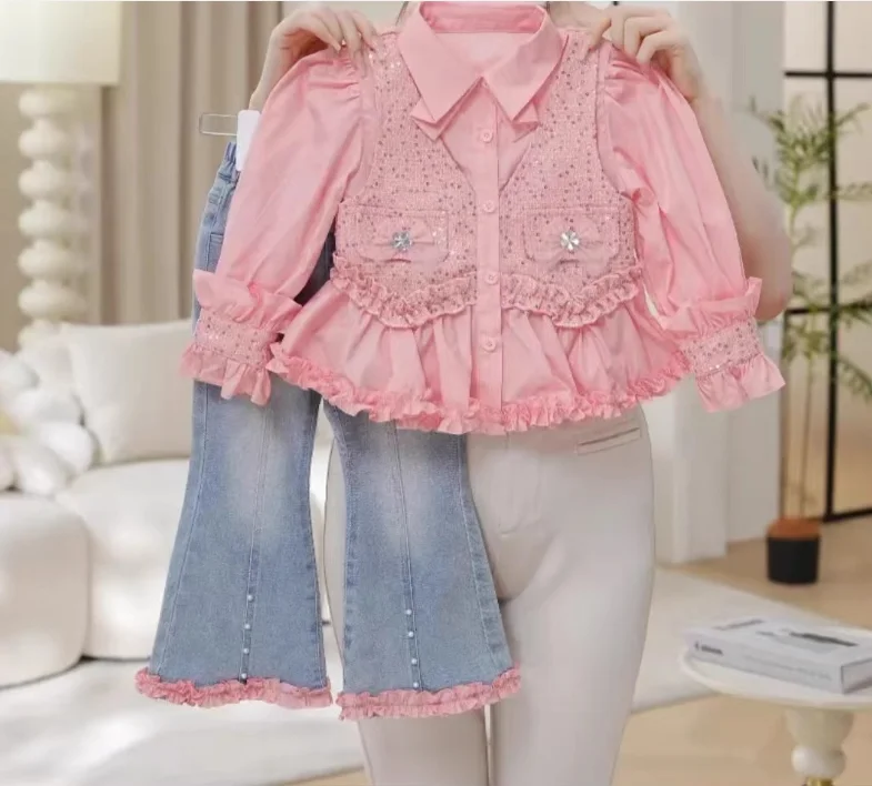 مجموعات أزياء الخريف الجديدة للفتيات الصغيرات، بلوزة مطرزة باللون الوردي + سراويل جينز بدلات الأميرة الأنيقة 2-8 T