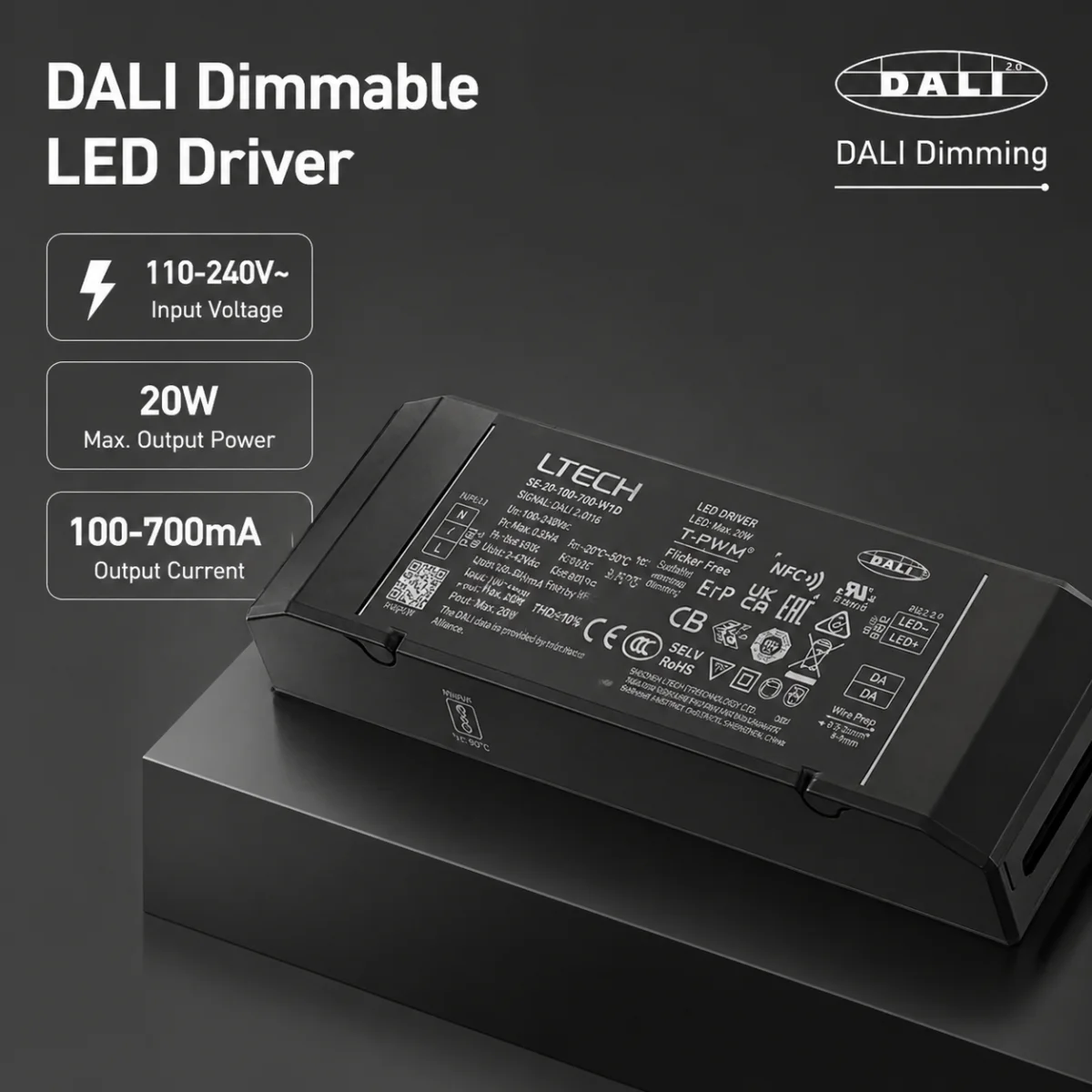 LTECH 20W 100-700mA NFC CC DALI DT6 LED Dimming Driver;AC 100-240V Dali-2 Constant Current Power Supply Work with Dali Dimmer
