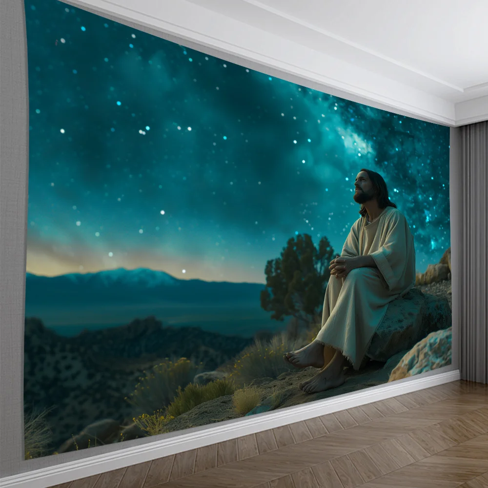Jesus Christ Starry Sky Tapestry Religious Art Night Landscape Faith Decor Christian Wall Hanging Living Room Print