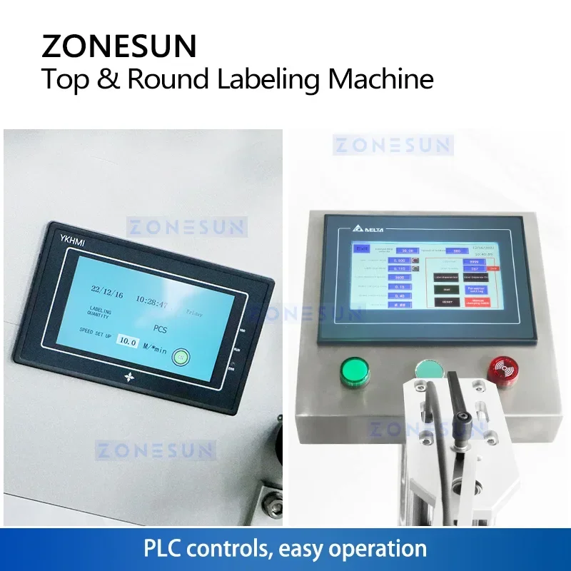 ZONESUN Automatic Labeling Machine Bottle Top and Body Label Applicator Wrap Around Cosmetics Products Packing ZS-TB822P