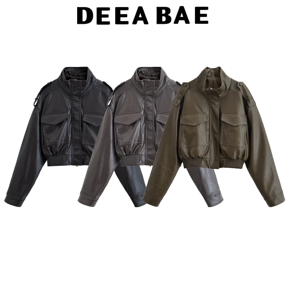 

Fashionable and casual faux leather baseball jacke women's new motorcycle suit collar long sleeved jacket short jacket