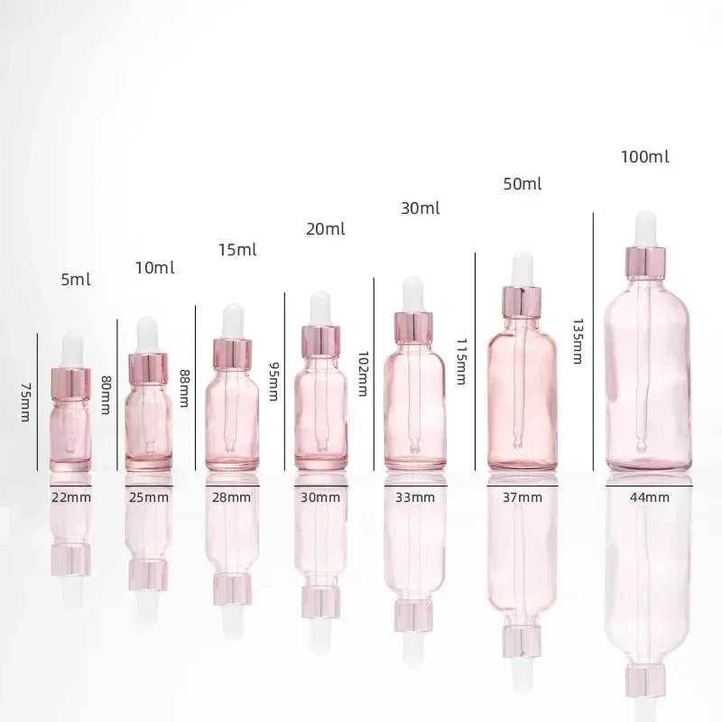 Flaconi contagocce riutilizzabili 5-100ML coperchio rosa contenitore cosmetico liquido per aromaterapia in vetro rosa per pipetta di olio essenziale