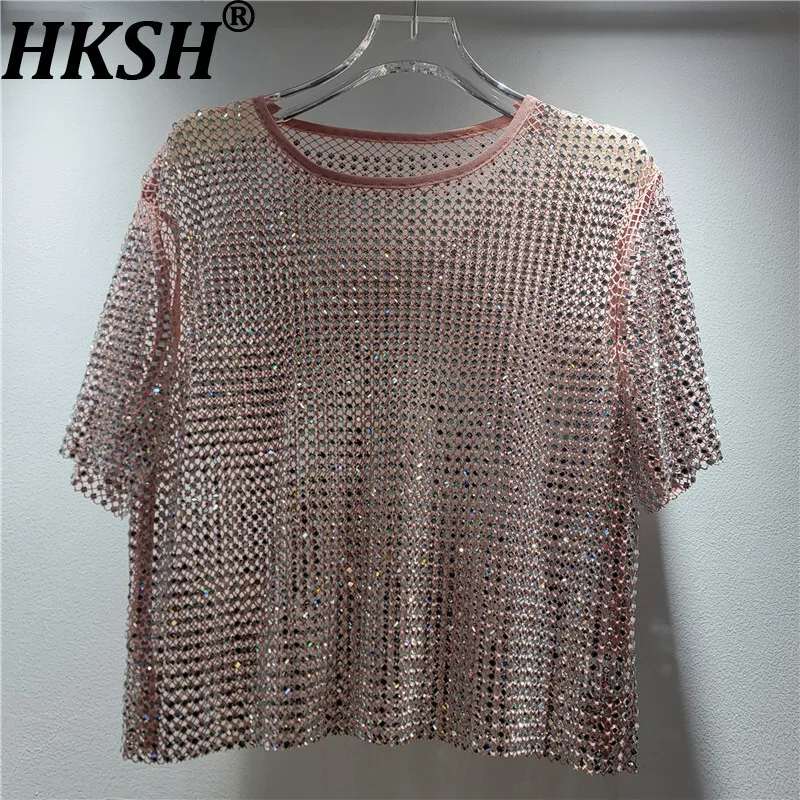 

HKSH Summer New Women's T-shirt Short Sleeves O-neck Heavy Craft Studded Diamonds Hollow Out Fashion Tees Sexy Chic Tops HK14916