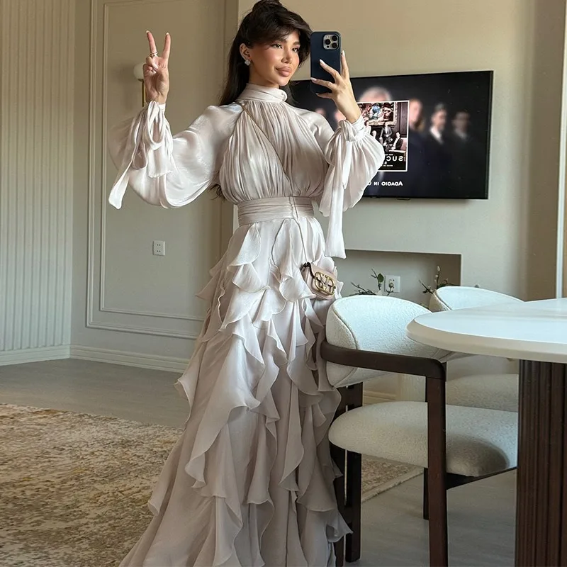 FL New Early Autumn Turtleneck Full Sleeves Shinny Ruffles Pullover Arabic Styles Floor Length Vacation Dress Female Vestido
