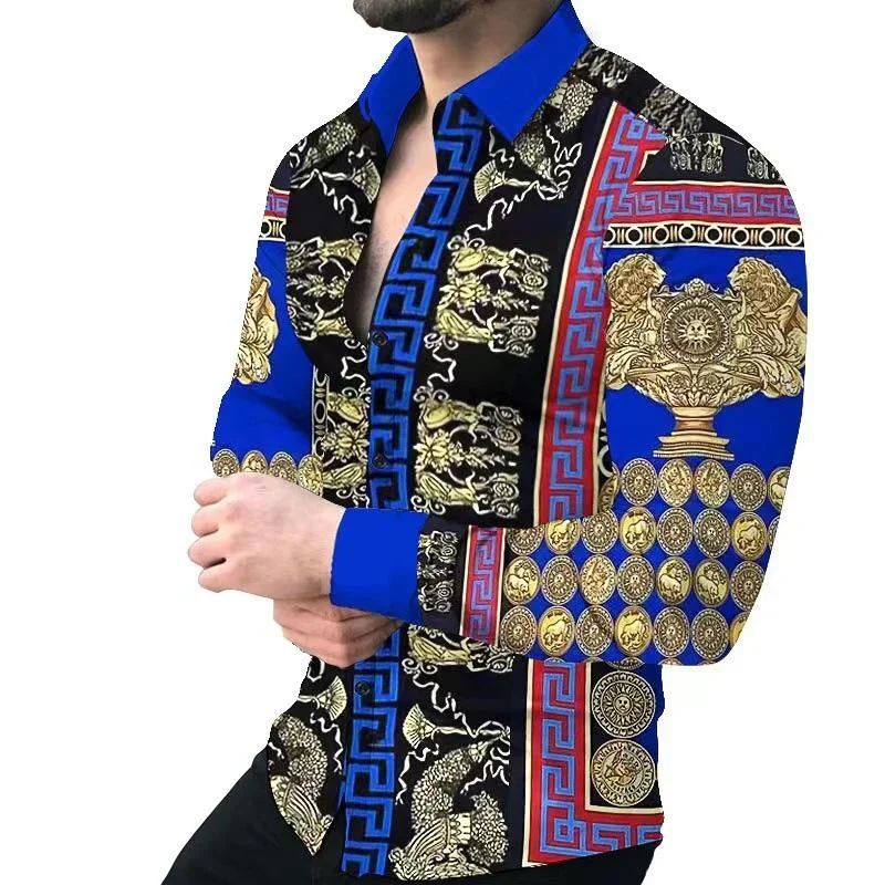 

Men's French Pattern 3D Printin Fashion Men's Long Sleeve Shirt Top Gold Red Purple Button Shirt Fashion Luxury Soft Comfort Top