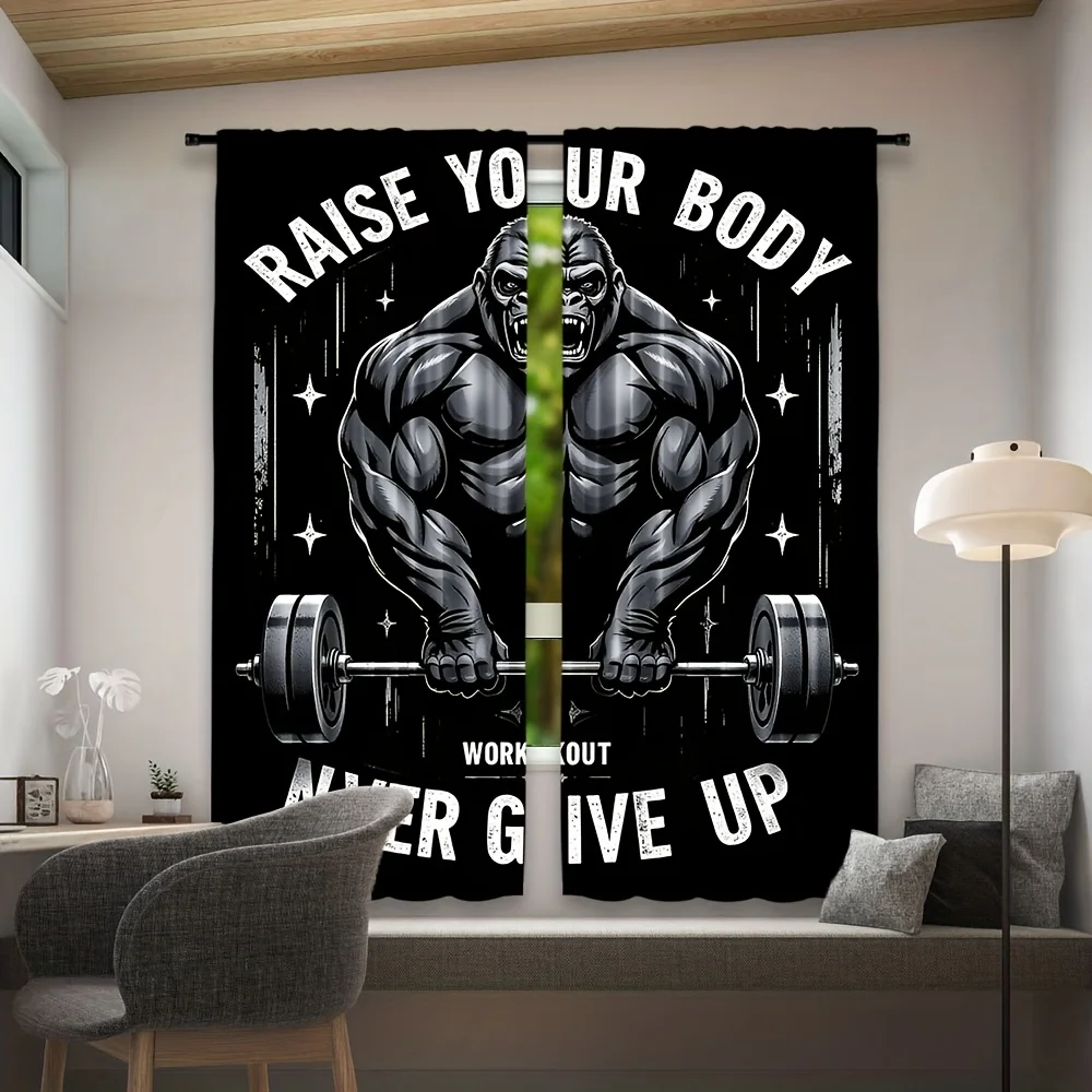 Gorilla Weightlifting Curtain Motivational Gym Quote Drape Muscle Fitness Art Window Treatment for Home Gym Garage Man CaveDecor
