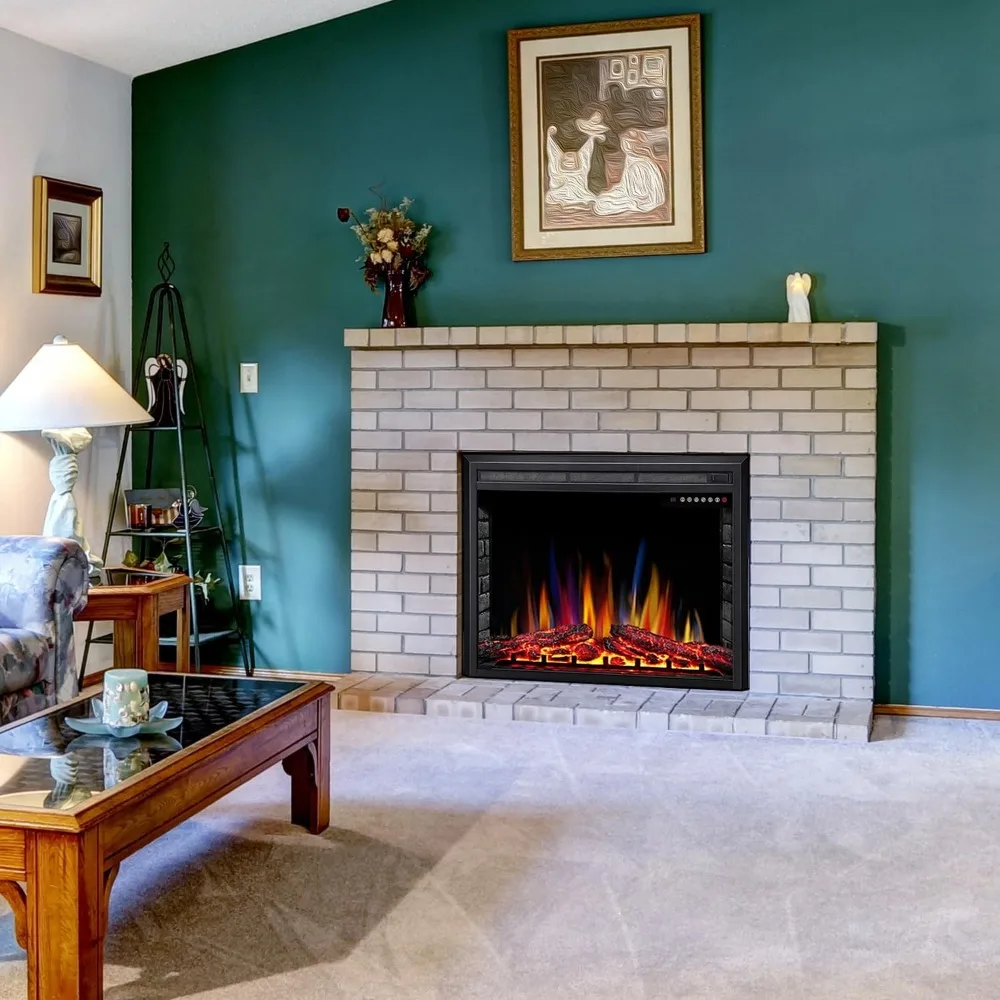 39 مدفأة كهربائية، 5 ألوان لهب قابلة للتعديل، 12 لونًا سجلًا، 5 سرعات سطوع لهب، جهاز تحكم عن بعد، مؤقت، إعلان