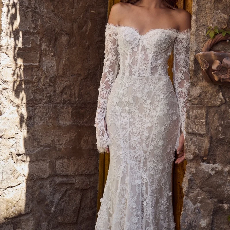 Lace ivory Appliques Lace layering Wedding Dresses of fishtail long sleeves decal Bridal Gowns Made Customized