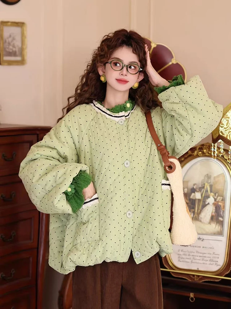 

Зимние парки в горошек, женские Y2K, свободные универсальные теплые пуховики с круглым вырезом, корейская милая лоскутная верхняя одежда на пуговицах Mujer