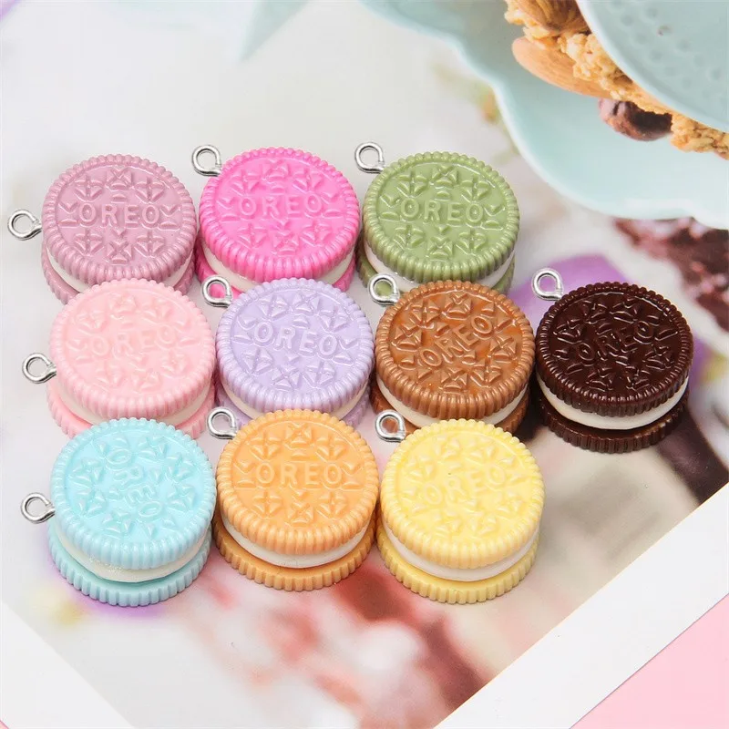 10 Uds. De dijes coloridos de resina de galleta de macarrón para hacer joyas, galletas de simulación, colgante de comida, llavero DIY, accesorios de pulsera