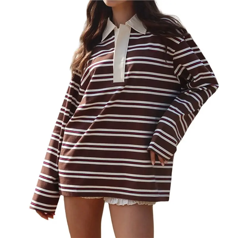 

CYL-Женская полосатая толстовка с длинным рукавом, рубашка для регби с большим воротником, пуловер Y2k, повседневная свободная уличная одежда