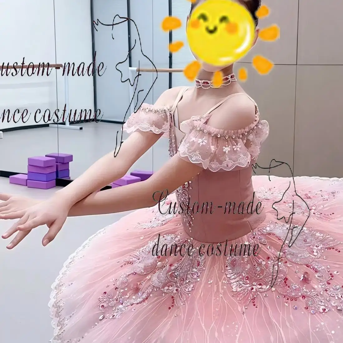 Sweet pink fairy princess ballet tutu decorated with 3D flowers and sparkling rhinestones, fluffy layered tulle, great for dance