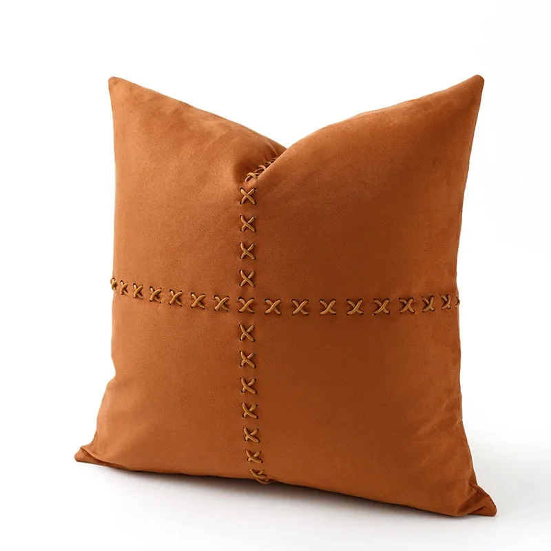 High End Orange Brown Suede Cushion Cover Handmade Rope Crochet Pillowcase Modern Light Luxury Cojines Decorativos Para Sofá