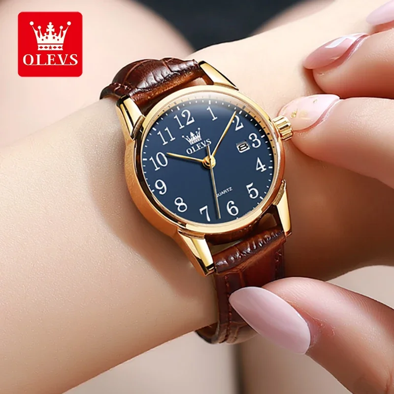 Olevs-Montre à quartz classique pour femmes, bracelet en cuir marron, avec fonction de date, cadran numérique, étanche, pour dames, 5566