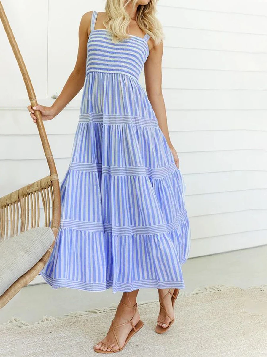 

Women Striped Print Maxi Cami Dress Spaghetti Strap Smocked A-Line Flowy Dress Summer Colorful Long Sundress