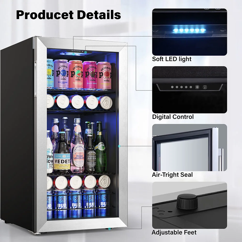 Refrigerador de bebidas Yeego de 3,1 pies cúbicos: mini refrigerador de 121 latas con puerta de vidrio, refrigerador con termostato ajustable para oficina en casa o bar