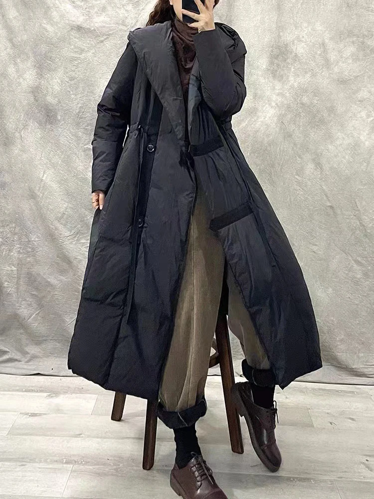 Zimowa kurtka puchowa z kapturem, damska, luźna, ocieplana, z białego puchu kaczego, gruba, jednolita, parka, odzież wierzchnia, damska, ze sznurkiem, do kolan.