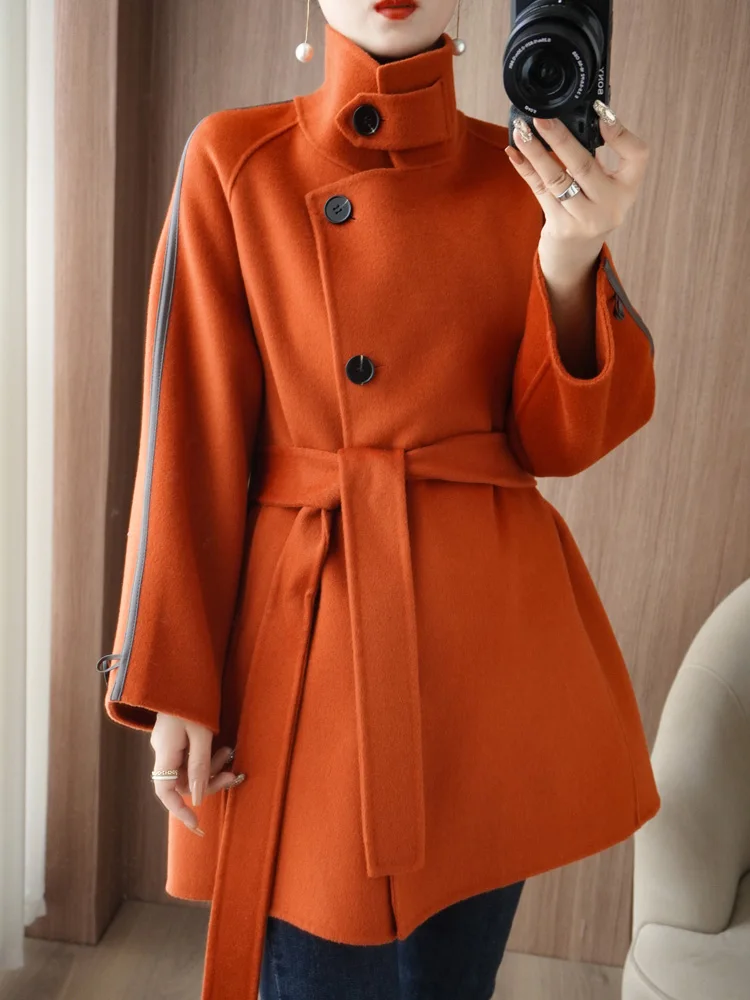 2024 Autumn/Winter New 100%Pure Wool Standing CollanDouble sided Cashmere Coat Women\'s Waist Slim Lace UpWool Coat Top