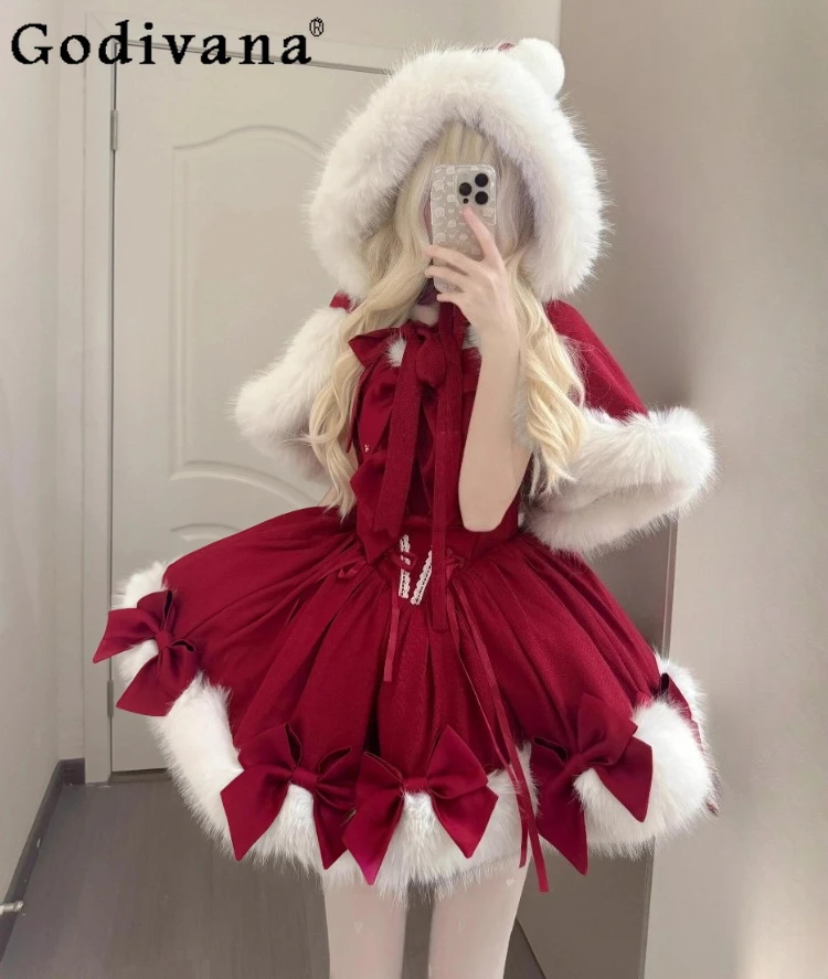 

Christmas Party New Year Red Lolita Dresses Cape Set Winter Girl's Women's Plush Warm Birthday Party Dress Princess Dresses