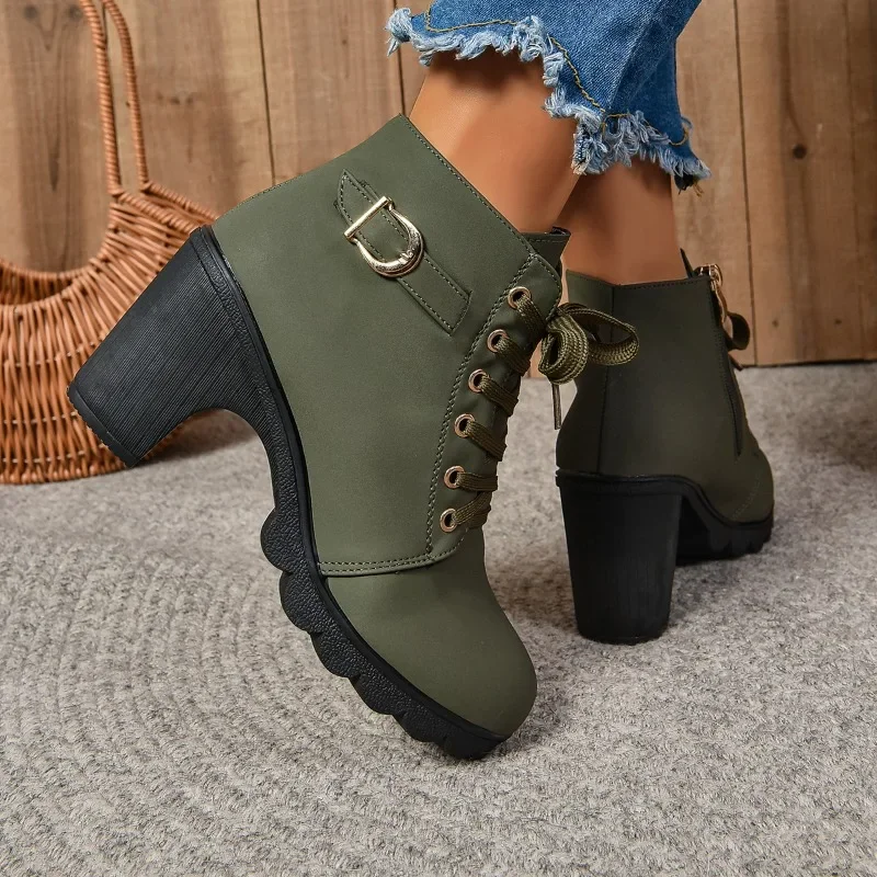 2024Women Shoes Women Fashion High Heel Lace Up Ankle Boots Ladies Buckle Platform Artificial Leather Shoes Bota Feminina