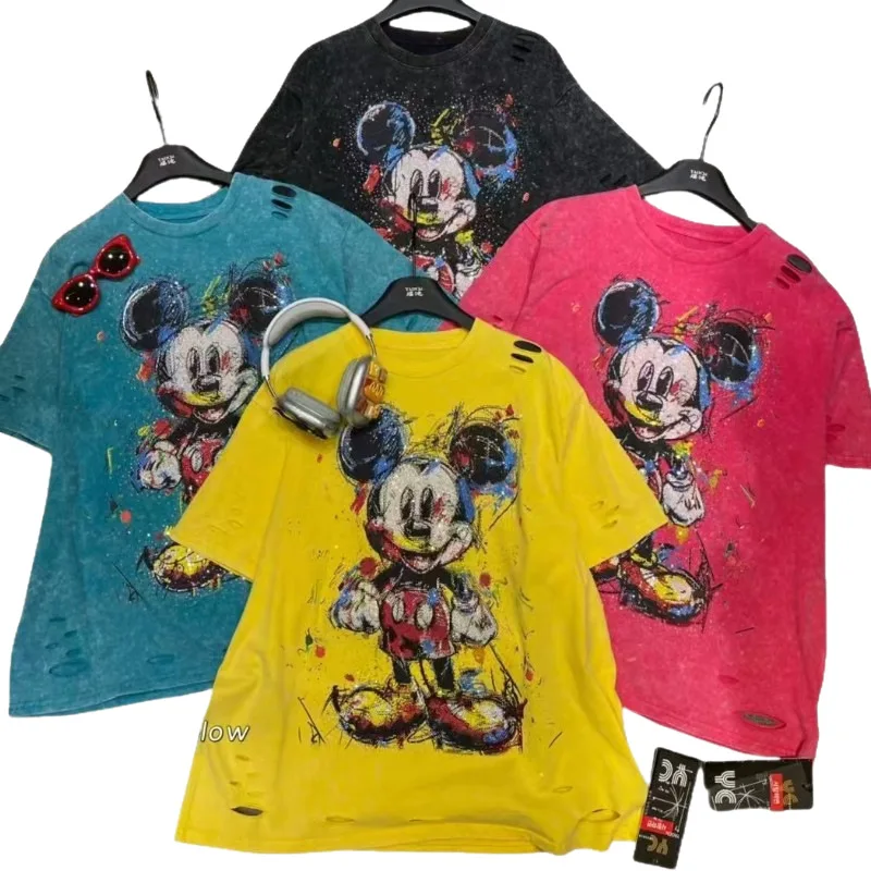 2025 New Spring Summer Loose Short Sleeve T-shirt Mid-long Hole Mickey Hot Drilling Oversize Top Casual Women Cotton Tees O-neck