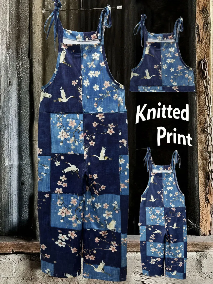 Combinaison salopette vintage style européen et américain avec imprimé effet denim patchwork grue et fleur de prunier