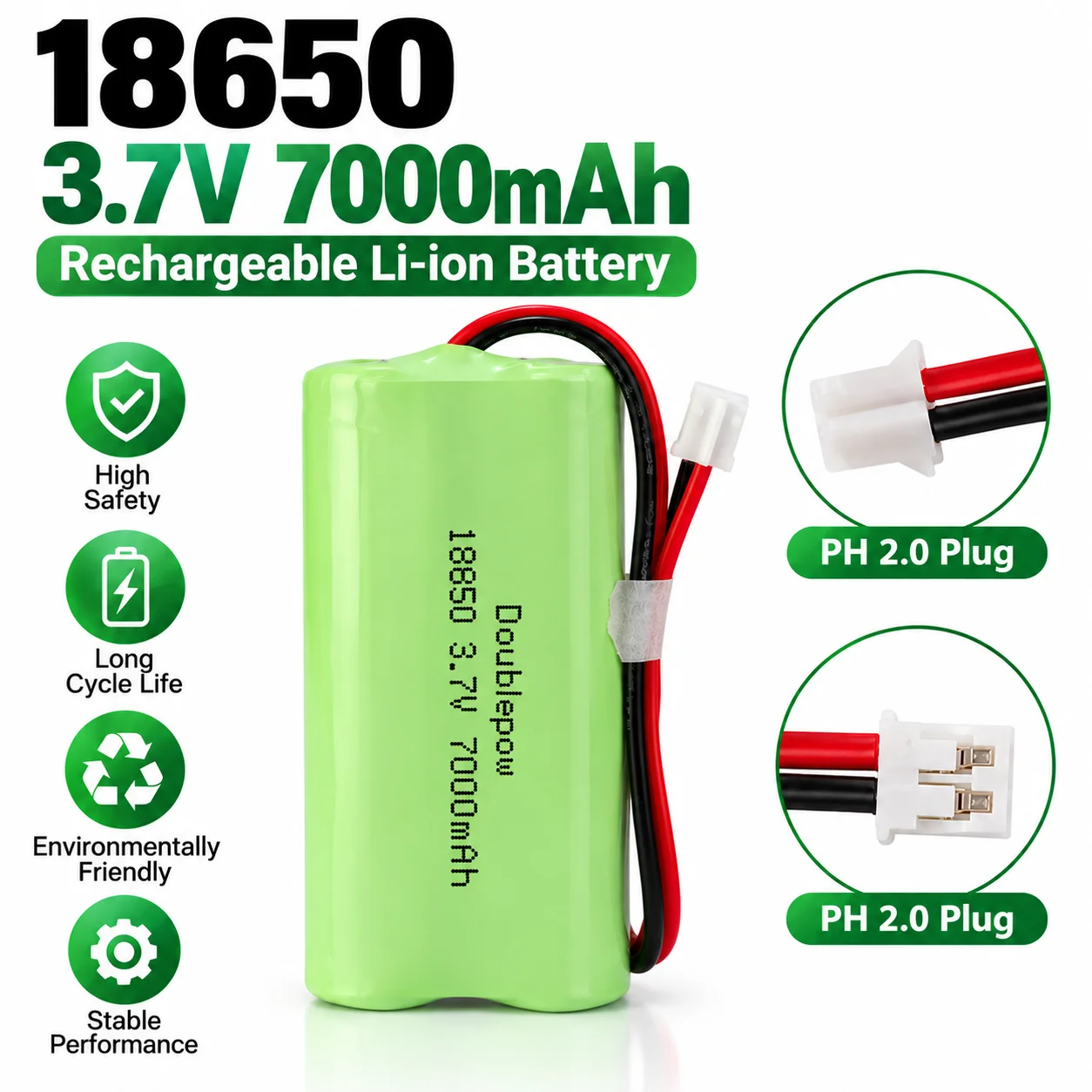 Doublepow 3.7V 18650 batteries au Lithium 7000mAh batterie Rechargeable pêche lumière LED haut-parleur Bluetooth + prise PH 2.0